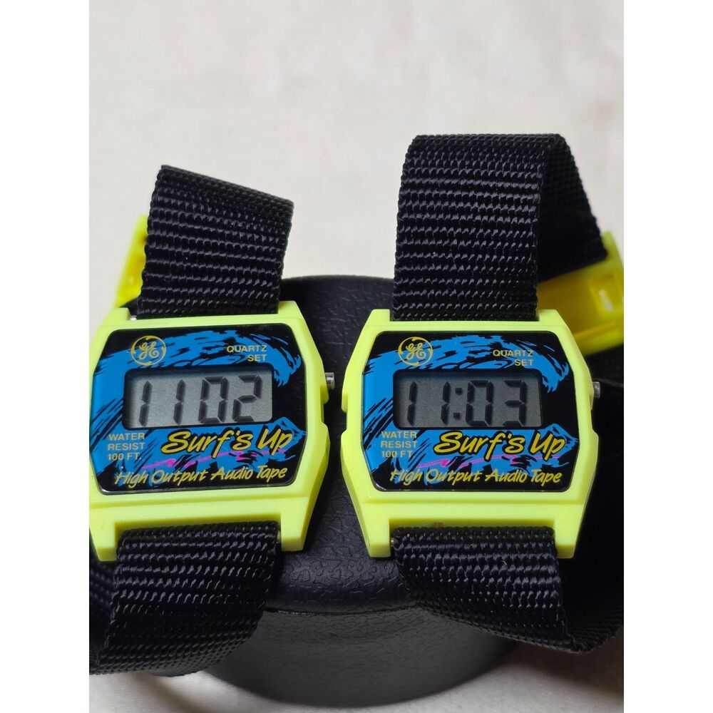 Pair of Vintage GE "Surf's Up" Neon Digital Watches – 80s Retro Audio Tape Promo